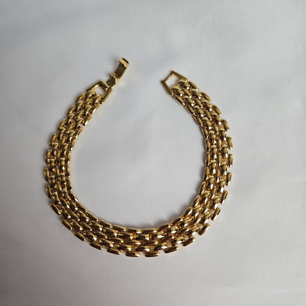 Gold Tone Bracelet 7" Basket Weave Link Wide Fashion Bracelet Foldover Clasp